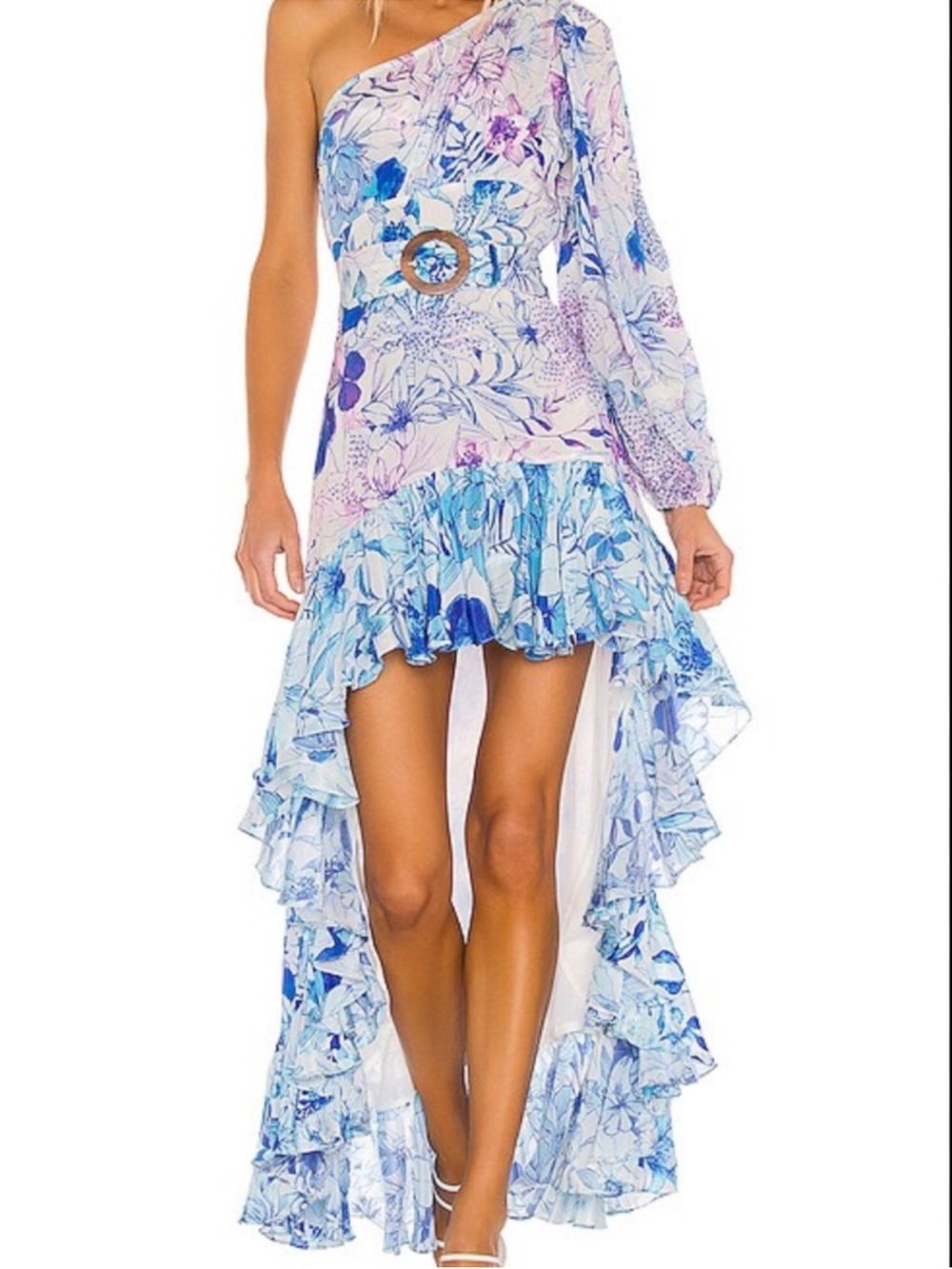 Rococo Sand Amaya One-Shoulder Blue Floral High-Low Ruffle Dress